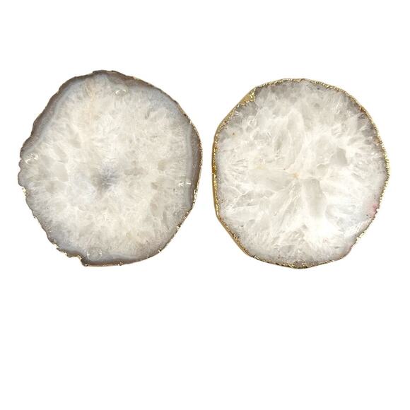 White Agate Coasters Set of 2 Gold Rimmed 4" Stone Slices Made in India - Picture 2 of 5
